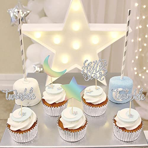 Gyufise 24Pcs Little Star Cupcake Toppers Silver Glitter Twinkle Moon Star Cupcake Picks Baby Shower Kids Birthday Party Cake Decorations Supplies #TOP4