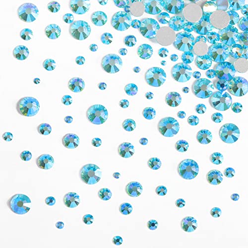 Image of Beadsland Rhinestones for Makeup,8 Sizes 2500pcs Blue AB Flatback Rhinestones Face Gems for Nails Crafts with Tweezers and Wax Pencil,Aquamarine AB,SS4-SS30