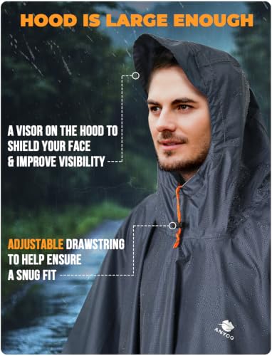 Image of ANYOO Hooded Rain Poncho for Adults Waterproof Lightweight Rain Coat for Men Women Reusable Rain Jacket for Emergency Outdoor