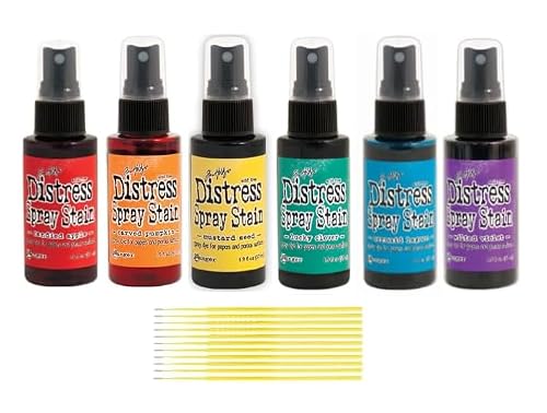 Ranger Tim Holtz Distress Spray Rainbow Bundle - Candied Apple, Mermaid Lagoon, Wilted Violet, Mustard Seed, Carved Pumpkin, Lucky Clover - with Trebbies Detail Sticks