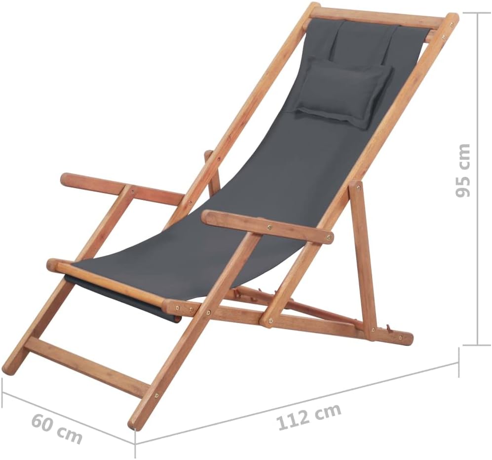 vidaXL Beach Chair Grey Eucalyptus Wood and Polyester Fabric