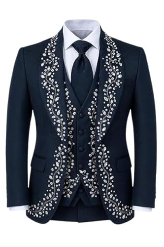 JB Rabin Men's 3Pc Navy Blue Jodhpuri Suit with Faux