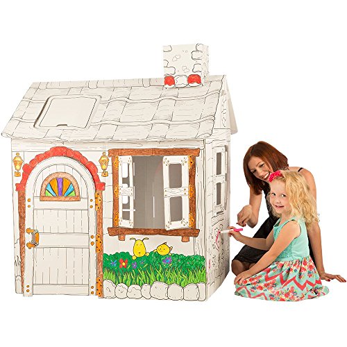 Cardboard Playhouse for Kids to Color - Create an Easy Play House with Included Markers and Over 50 Sticker Decorations!