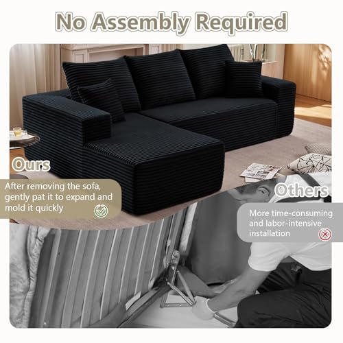 Image of 107 inch Cloud Sectional Couch with L-Shape Chaise, Modern Modular Comfy Sofa with Deep Seat, Upholstered Corduroy Couches Sleeper Chaise Longue for Living Room Bedroom, No Assembly Required, Black