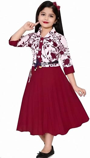 Girls Midi Dress, Stylish Floral Shirt Style Frock with Pleated Skirt, Casual Dress for Kids