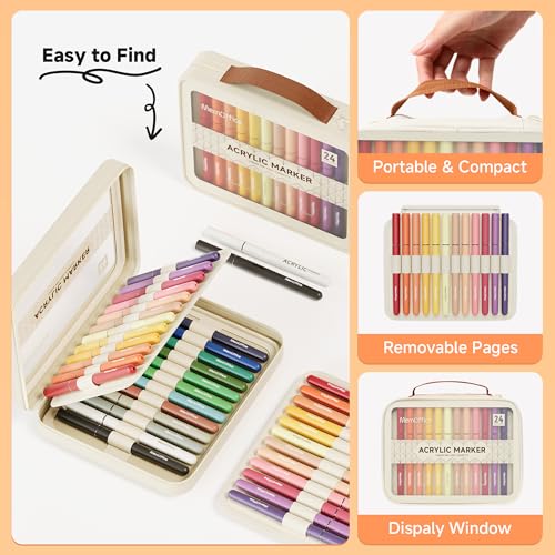 Image of MemOffice Direct Liquid Acrylic Paint Markers, 24 Colors Brush Tip Pens with Carrying Case, No Bleed, Waterproof, for Rock, Wood, Canvas, Glass, Fabric, DIY Crafts for Adults