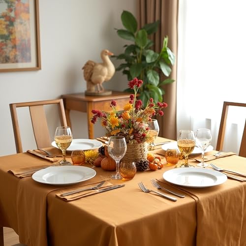 Image of sancua Square Tablecloths Fall Table Cloth Light Brown Bronze, 85x85 Inch | For Square or Round Tables, Washable Polyester Cover for Thanksgiving Dinner, Holiday Party, Decorative Display Tables