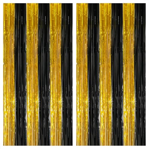 Image of KatchOn, Xtralarge Black and Gold Streamers - 8x3.2 Feet, Pack of 2 | Black and Gold Fringe Curtain for Birthday Party, Tinsel Curtain Backdrop for Graduation Decorations 2026 | Prom Decorations 2026