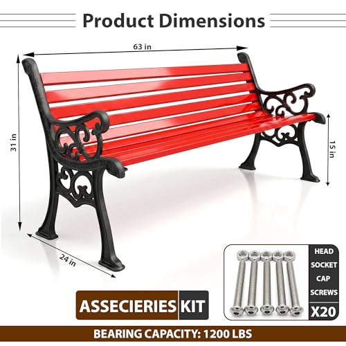 Image of BRISHI 3 Seater cast Iron Garden Bench for Indoor & Outdoor Park /Patio /Living Room /Terrace /Balcony (White) (Black + Red)