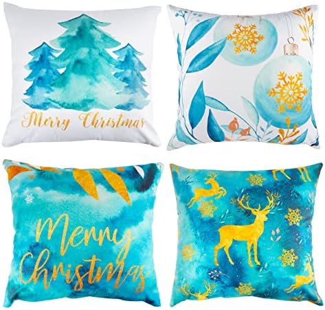COLOFALLA 4 Pack Christmas Cushion Covers 45x45cm Blue Gold Merry Christmas Throw Pillow Covers 18 Inch Snowflake Tree Reindeer Printed for Sofa Blue Christmas Decorations Gifts
