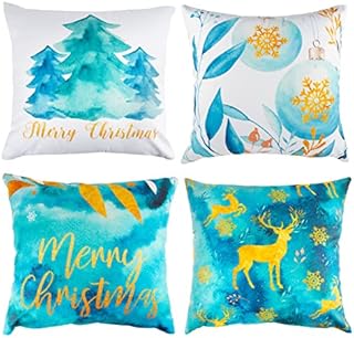 COLOFALLA 4 Pack Christmas Cushion Covers 45x45cm Blue Gold Merry Christmas Throw Pillow Covers 18 Inch Snowflake Tree Reindeer Printed for Sofa Blue Christmas Decorations Gifts