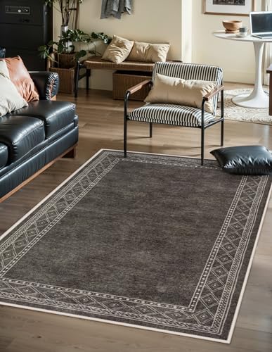 Image of Lahome Modern Bordered Machine Washable Rug, Ultra-Thin Soft 3x5 Rugs for Entryway Bedroom, Non-Slip Stain Resistant Small Carpet for Laundry Entry（3'x 5',Brown