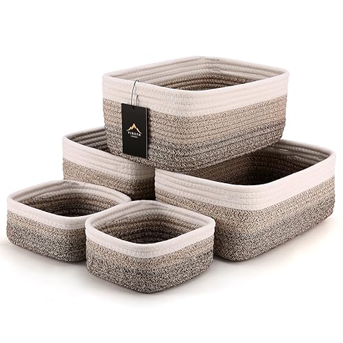 VIRETH HAUS 5-Pack Small Woven Rope Storage Baskets – 2 Sizes Organizer Bins for Closet, Shelf, Bookshelf, Nursery, Changing Table, Fabric Cube Boxes, Rectangular Shallow Bins for Bathroom, Toy & Home