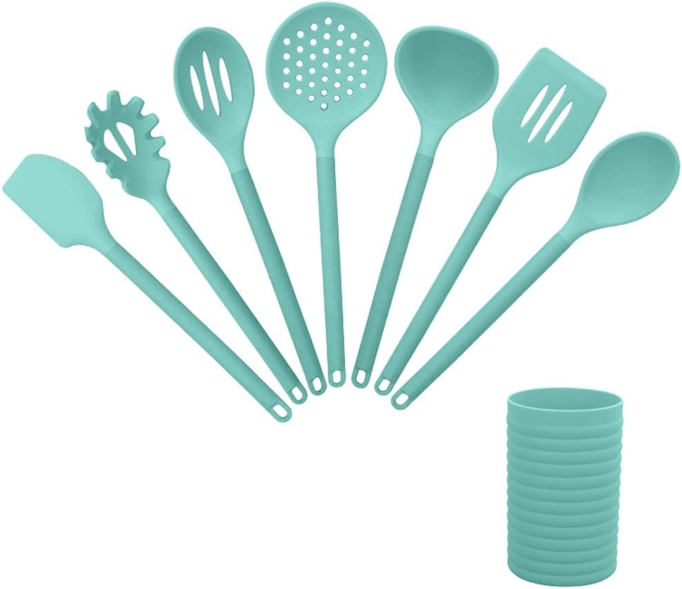 Kitchen Utensils, Silicone Wheat Rod Handles Cooking Utensil Set of 8 Pcs, Perfect for Baking Cooking Mixing, Heat-Resistant Silicone splot Set (Color : Green) (Green)