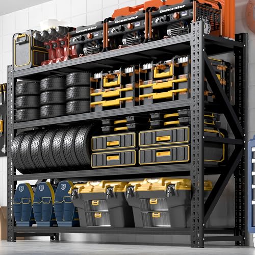 Heavy Duty Metal Shelving Units, Garage Shelves & Storage System | 24″D x 79″W x 75″H, 5000 LBS Capacity, 4 Tier Height Adjustable Shelves, Full Steel Rack for Garage Workshop Basement, Black