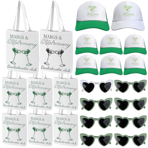 24 Pcs Margs and Matrimony Bachelorette Party Favors Include 8 Bridesmaid Tote Bags 8 Bridesmaid Caps 8 Heart-shaped Sunglasses for Margs Bachelorette Bridal Shower Gift Wedding Beach Coastal Favors