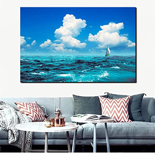 Toile paysage moderne mer et ciel azur : tableau apaisant pour décoration de maison