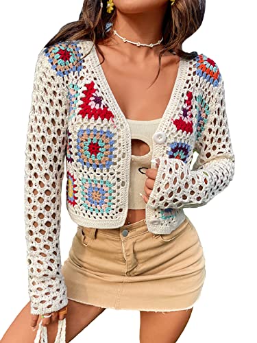 SHENHE Women's Floral Crochet Cardigan Hollow Out V Neck Button Down Long Sleeve Cropped Sweater