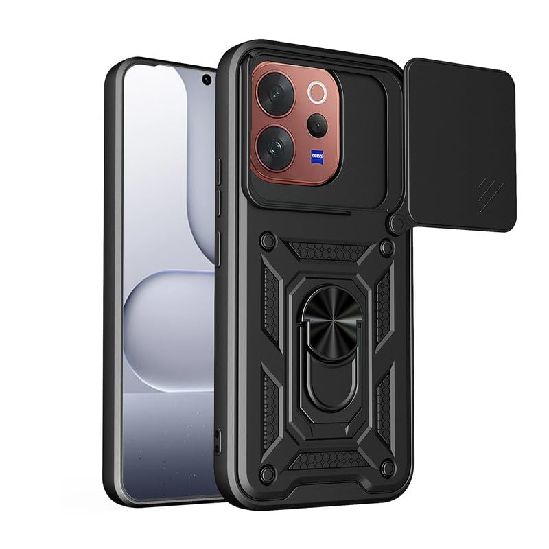 Image of Casodon Shockproof Back Case Cover for Vivo V70 /V70 Elite 5G, Shockproof Vivo V70 /V70 Elite Back Cover, Ring Case with Kickstand and Camera Protection Shutter - Black