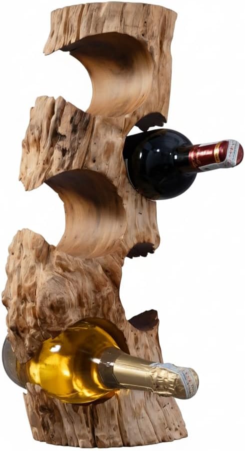 Solid Natural Vitex Pubescens Vahl Wood Wine Rack with Anti-Slip Pads – Rustic Single-Piece Freestanding Countertop Wine Holder – Securely Holds 5 Bottles Without Sliding – 20" x 9" x 7"