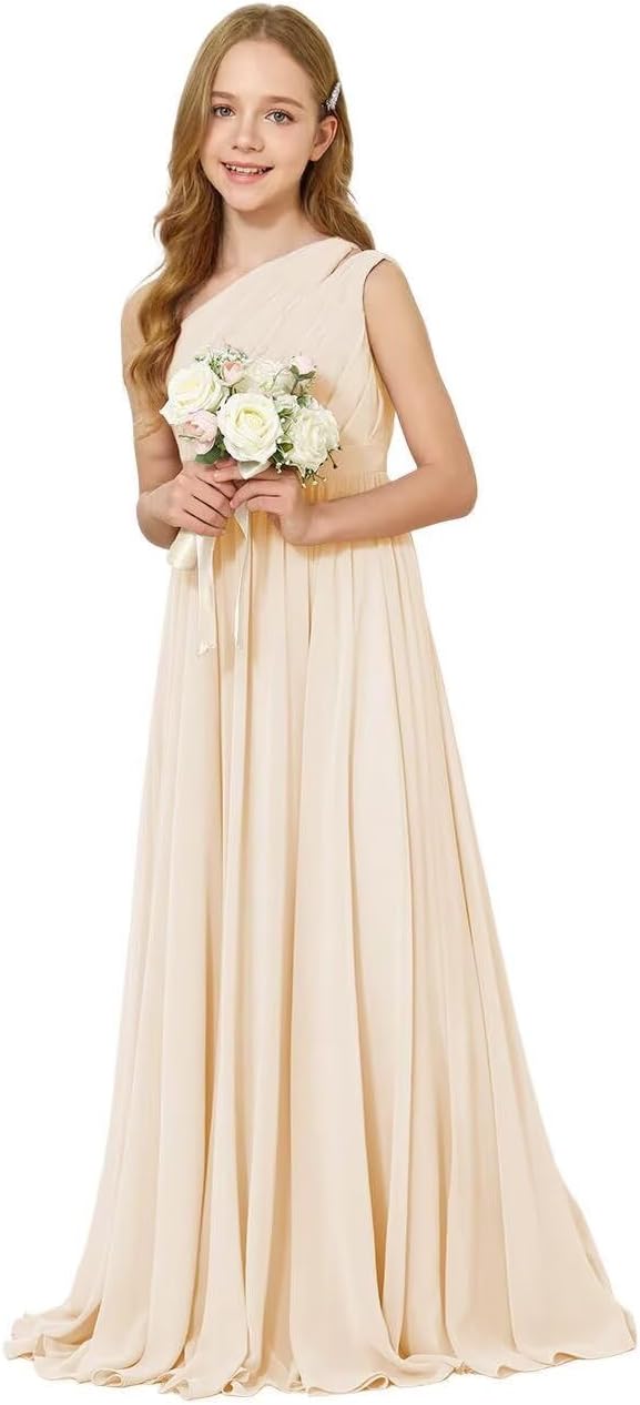 One Shoulder Ruffles Junior Chiffon Bridesmaid Dress Flower Girl Dress for Wedding