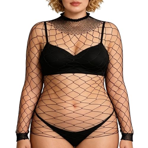 Plus Size Sexy Fishnet Mesh Tops for Curvy Women Long Sleeve Oversized Stretch Net Bodycon Blouse Shirts Black