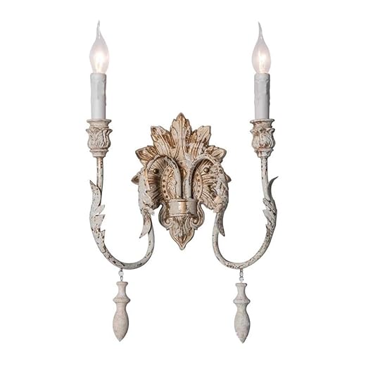 Distressed White Candle Wall Sconce Vintage Rustic Farmhouse Wall Light, Antique Style Metal Accent Lighting for Bedroom Living Room, Elegant Decorative Indoor Wall Sconce, French Country Hallway