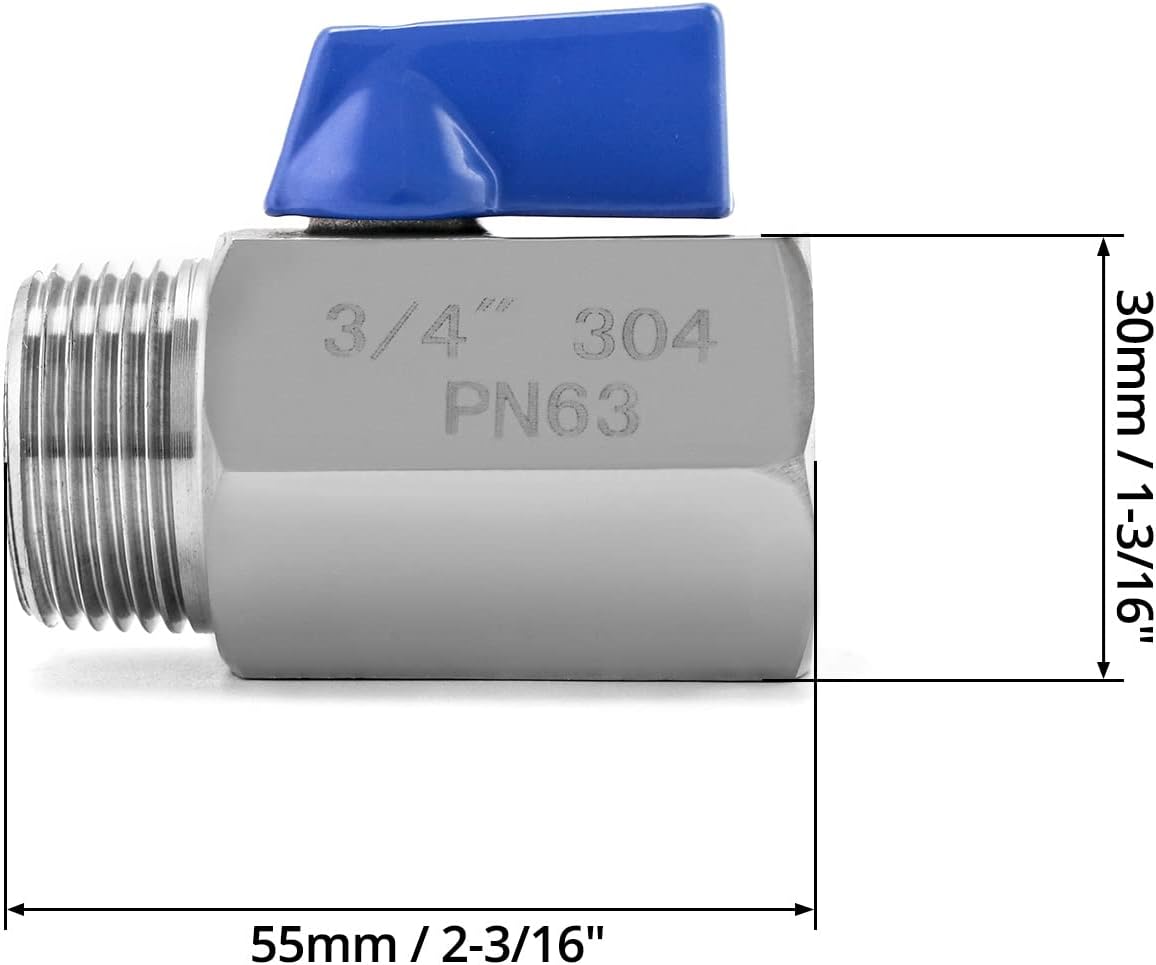 QWORK Mini Ball Valve, 2 Pack 3/4" Thread Female and Male 304 Stainless Steel Shut-Off Valves