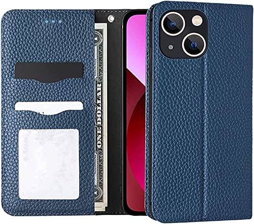 Étui portefeuille iPhone 13 Mini bleu en cuir véritable avec béquille