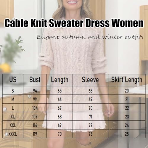 Women Crewneck Cable Knit Sweater Mini Dress, Chunky Cable Knit Sweater Dress, Long Sleeve Pleated A-Line Knit Dress3