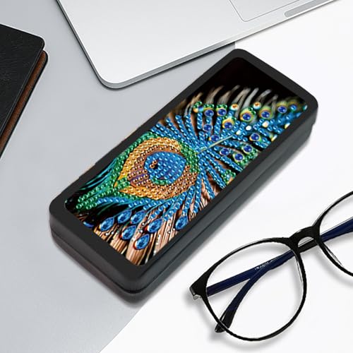 Image of 5D DIY Diamond Painting Glasses Case for Adults, Delicate Peacock Feather Diamond Art Eyeglass Holder, Handmade Diamond Art Sunglass Storage Box, Travel Craft Gift