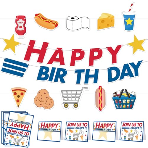 Image of HOMEZZO Supermarket Birthday Party Decorations - Supermarket Grocery Themed Hanging Banner and Tent Cards for Birthday Food Party