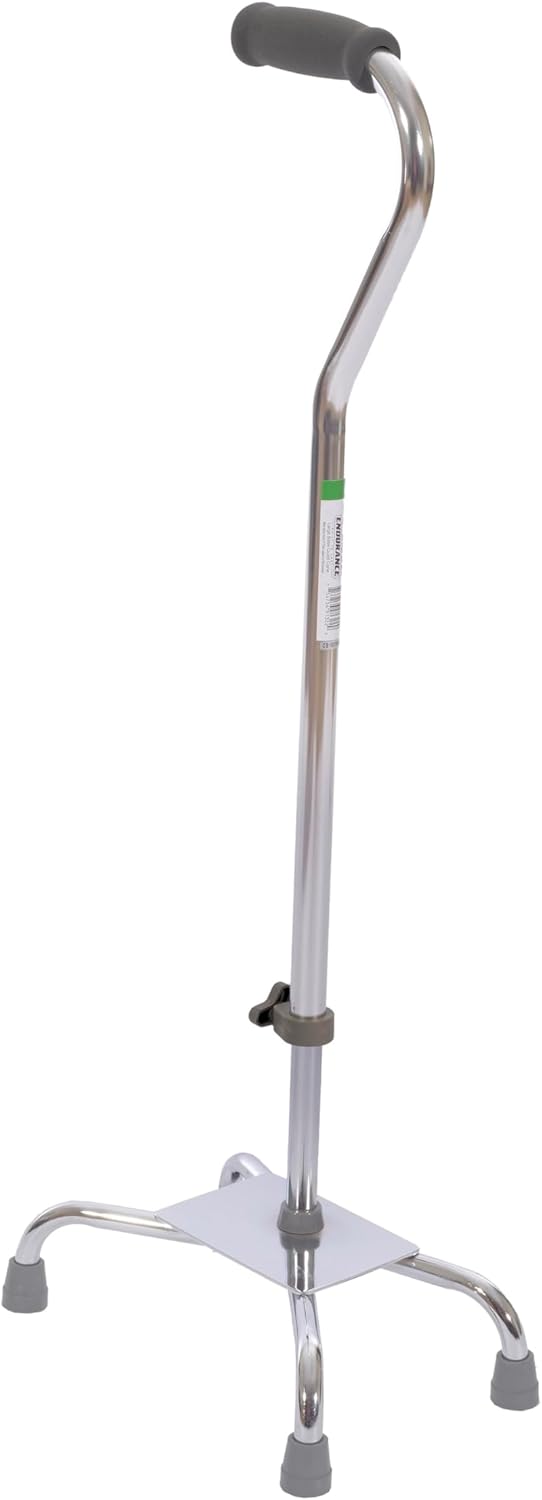 Essential Medical Supply Large Base Quad Cane in Silver – Height Adjustable Walking Cane, Sturdy and Durable Walking Cane for Improved Mobility and Stability with 4 Prong Base and Rubber Tips