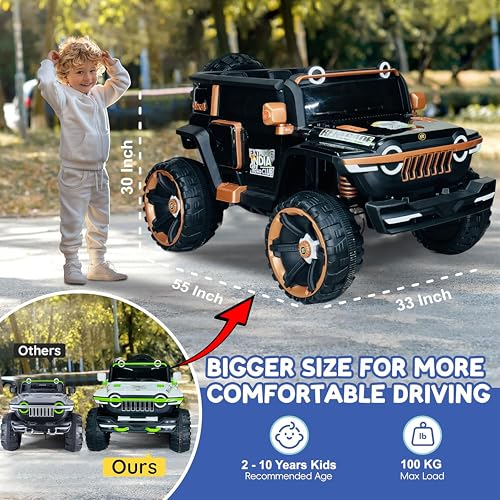 Image of Wishmaster Kids Battery Operated Car, Big Size 1166 Model, 4 Motor Ride-On EV for Boys & Girls 1-10 Years | Remote + Steering + Mobile App | Bluetooth Music | Black & Gold Kids Electric Jeep