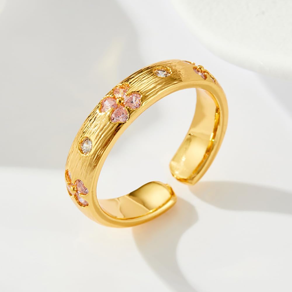 Kokoma Pink Crystal Cherry Blossom Ring Gold Plated Open Band Cubic Zirconia Statement Ring Wedding Promise Rings Fashion Jewelry for Women - Image 4