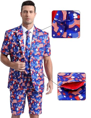 Men's 3-Piece American Flag Suits for 4th of July, Two Buttons Short Sleeve Blazer & Shorts & Tie & Bowtie3