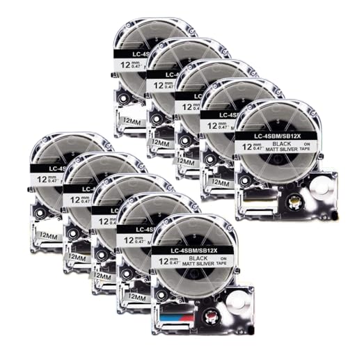 Rubans d'étiquettes SB12X LK 4SBM 12mm Noir sur Argent Mat compatible imprimante LW 10 pièces