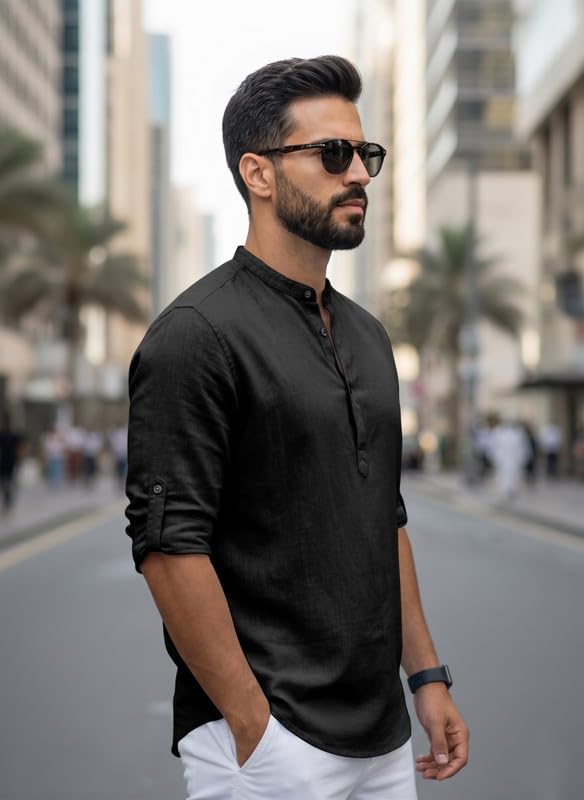 Image of Men Cotton Blend Mandarin Collar Casual Kurta Shirt | Roll-Up Sleeves | Regular Fit Ethnic Short Kurta for Daily