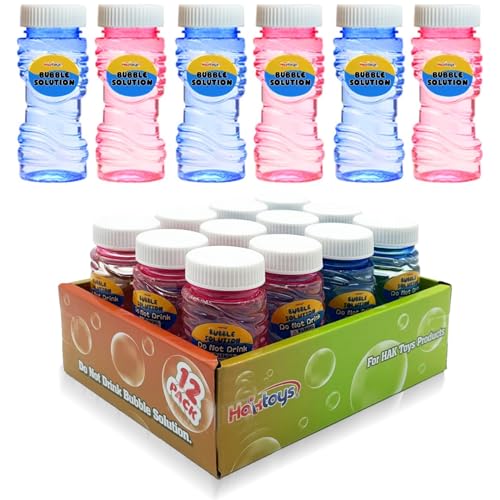 Bubble Gun Refill Solution Bottles (12 Pack of 2oz Bottles) Compatible with Most Bubble Shooter Guns Safe and Non-Toxic, Wand Not Included, Colors May Vary