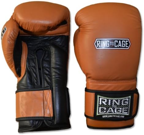 Ring to Cage 34oz Deluxe MiM-Foam Sparring Gloves - Safety Strap for Muay Thai, MMA, Kickboxing, Boxing (Tan(Brown)/Black)