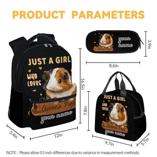 Custom Guinea Pig Backpack with Lunch Box - Set of 3 School Backpacks Matching Combo for Girls - Funny Black Bookbag and Pencil Case Bundle4