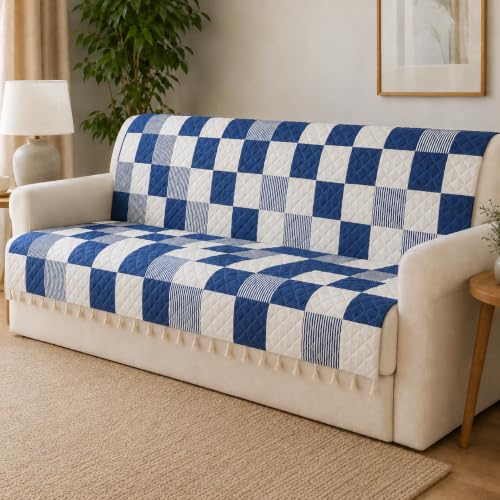 Image of Velvet Quilted Sofa Cover for 4 Seater (92 x 60 Inches) | Blue Check | Anti-Slip Soft Washable Sofa Seat Cover | Furniture Protector with Tassels