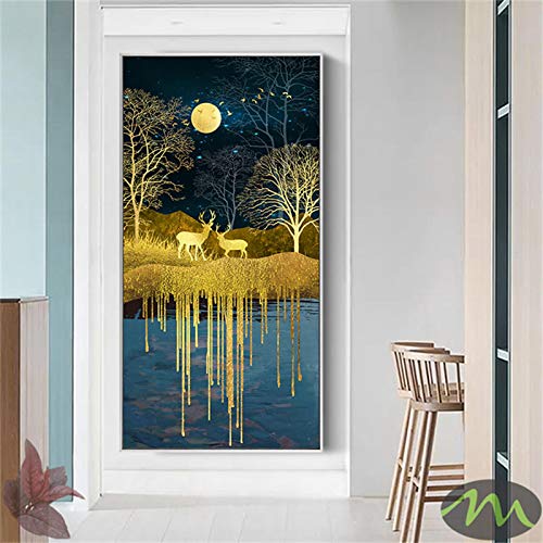 Peinture cerf d'or sur toile bleu impression haute définition art mural moderne 50x100 cm