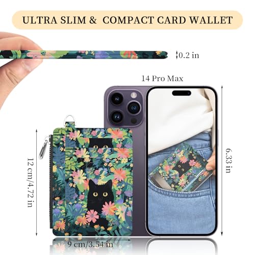 Image of Hancynir Black Cat Slim Wallet Women Credit Card Holder, Cute Small RFID | Zipper Pocket Wallet, Thin Travel Coin Purse, PU Leather, Minimalist Card Case, 6 Card Slots, ID Window, Ladies Women Gifts