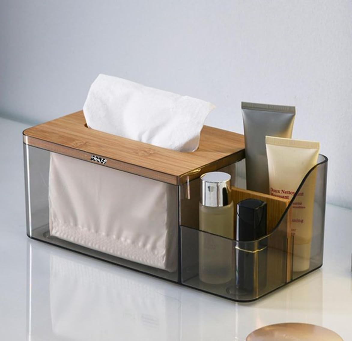 Kiwilon Multi-Purpose Tissue Paper Holder Box - Transparent PET | Comes Up with Remote Holder-Cosmetic Holder and Bamboo Lid | Durable Material Made | Stylish & Modern (Clear) (B0CBM9NSZL) Amazon Price History, Amazon Price Tracker
