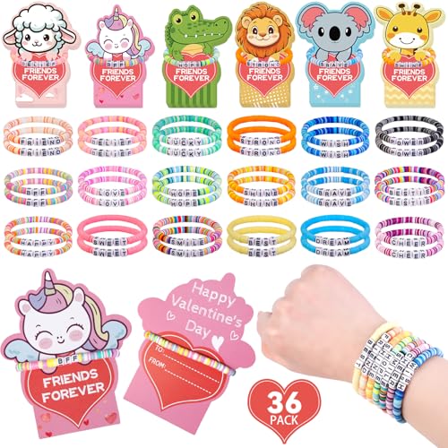 Image of CZWZ 36 Pack Valentine's Day Cards for Kids School Bulk, 18 Styles Friendship Bead Bracelets with Class Valentines Day Gifts Animal Design Valentines Cards for Kids Classroom
