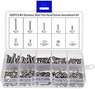 Aussel Pan Head Screw Bolts Nuts Stainless Steel M3 Screw Nuts Assortment with Lock Flat Washers 300PCS (Pan Head Screws-300PCS)