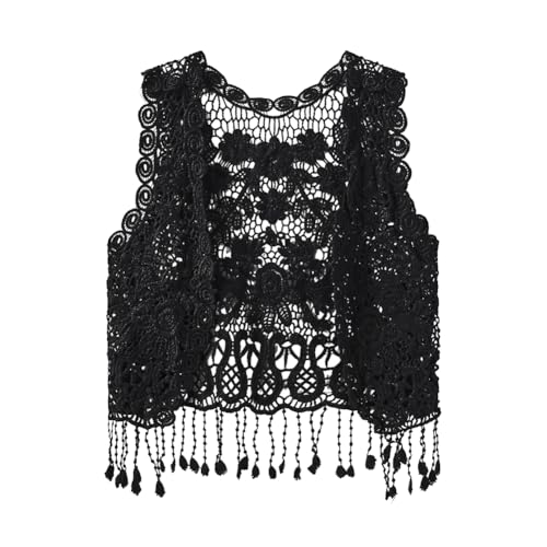 Image of Girls Crochet Vest Cardigan with Fringe V-Neck Sleeveless Boho Vest Hollow Out Cardigan