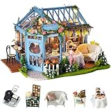 DIY Kit de Casa en Miniatura para Adultos: Casa Miniatura con Luz LED (Invernadero), Rompecabezas 3D de Madera Estantería, Decoración Hogar, Regalo Ideal (Rose Garden Tea House)