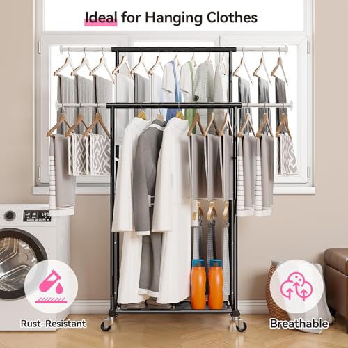 SUFAUY Clothes Rack, Double Rods Rolling Clothing Rack for Hanging Kid Clothes, Portable Garment Rack with Wheels, Coat Rack Wardrobe Closet Load 350 LBS (Black) by SUFAUY - Used condition - Image 8